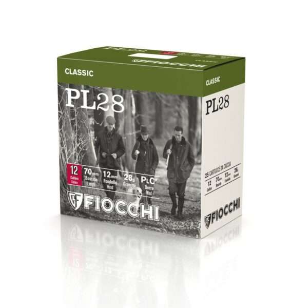 Cartuchos Fiocchi PL28, calibre 12, 28 gramos, perdigón 5. Precisión y rendimiento para caza en corta y media distancia.