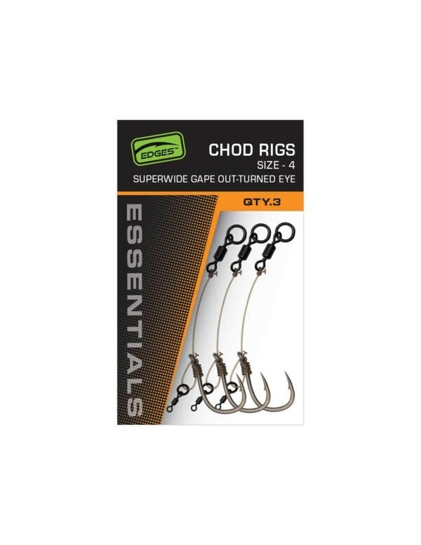 Anzuelo montado Chod Rigs Superwide Gape Fox con anilla giratoria y monofilamento rígido en color Trans Khaki.
