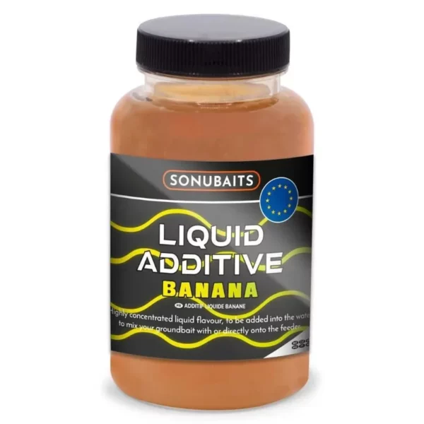 Aditivo líquido Sonubaits con alto aroma para potenciar el cebo. Úsalo en agua o en el comedero. Sabores: fresa, bream, plátano y vainilla.